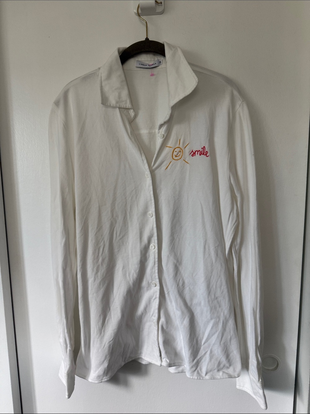 Lingua Franca White Cotton Button Down with Embroidered Sun and "Smile"Size 2X
